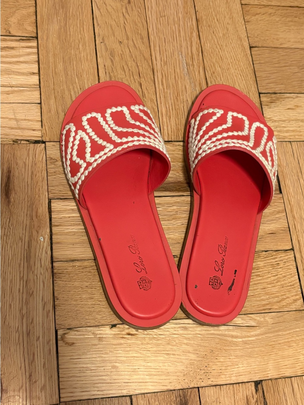 Loro Piana Red Slide Sandals with White Beaded Strap